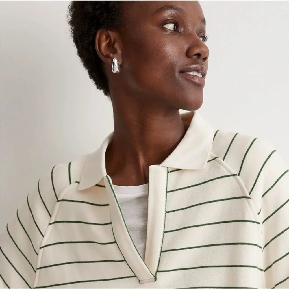 Madewell Green Stripe Crop Polo Sweatshirt Betterterry Fleece Varsity NWT XXS
